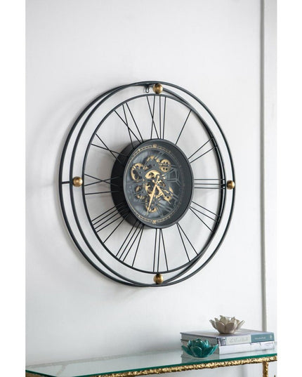 32" Circle Black and Gold Metal and Glass Analog Exposed Gear Wall Clock