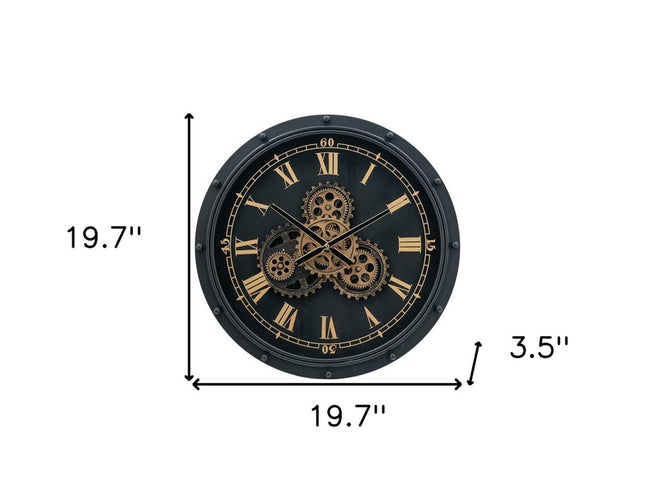 20" Circle Black and Gold Metal and Glass Analog Wall Clock