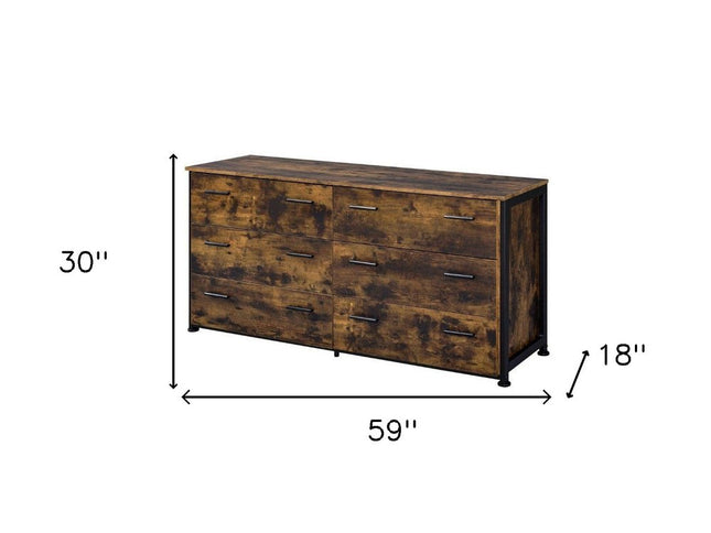 59" Brown and Black Six Drawer Double Dresser