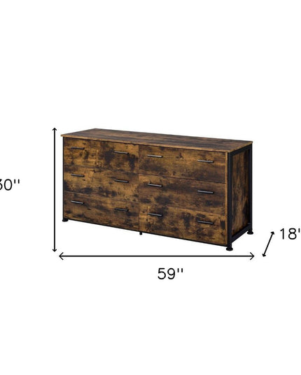 59" Brown and Black Six Drawer Double Dresser