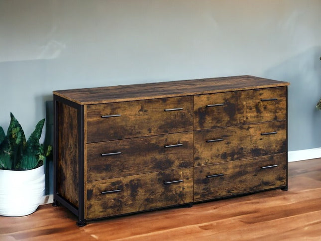 59" Brown and Black Six Drawer Double Dresser