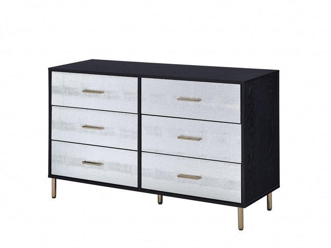 47" Black  Silver and Gold Faux Croc Design Six Drawer Double Dresser