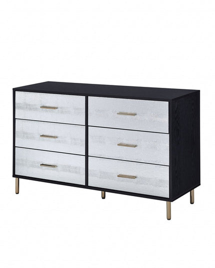 47" Black  Silver and Gold Faux Croc Design Six Drawer Double Dresser