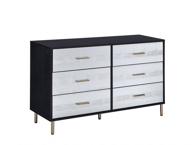 47" Black  Silver and Gold Faux Croc Design Six Drawer Double Dresser