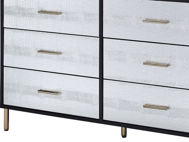 47" Black  Silver and Gold Faux Croc Design Six Drawer Double Dresser