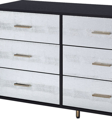 47" Black  Silver and Gold Faux Croc Design Six Drawer Double Dresser