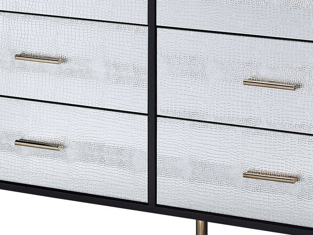 47" Black  Silver and Gold Faux Croc Design Six Drawer Double Dresser
