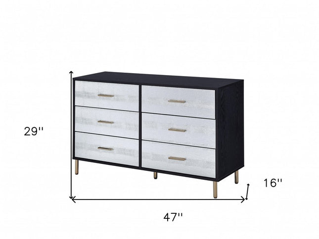 47" Black  Silver and Gold Faux Croc Design Six Drawer Double Dresser
