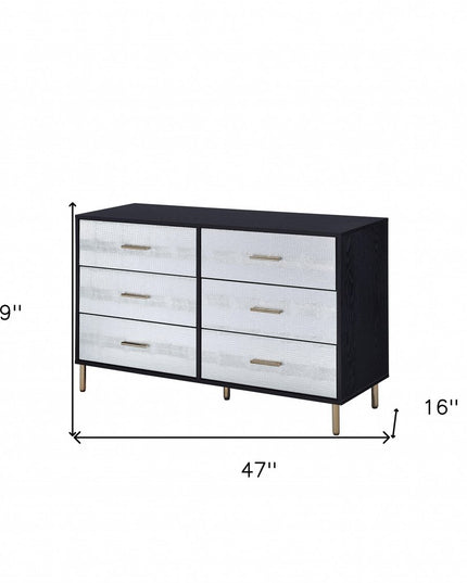 47" Black  Silver and Gold Faux Croc Design Six Drawer Double Dresser
