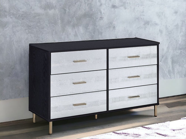 47" Black  Silver and Gold Faux Croc Design Six Drawer Double Dresser