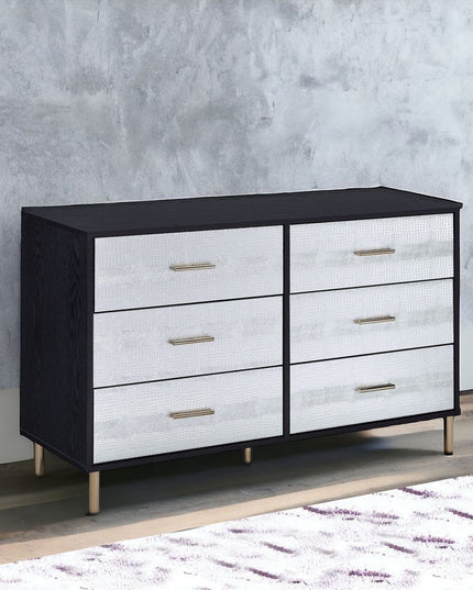 47" Black  Silver and Gold Faux Croc Design Six Drawer Double Dresser