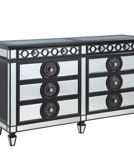 68" Black and Silver Solid and Manufactured Wood Mirrored Eight Drawer Double Dresser