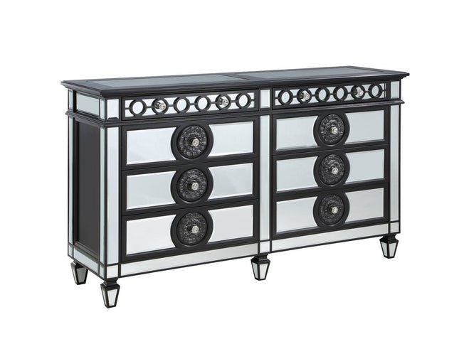 68" Black and Silver Solid and Manufactured Wood Mirrored Eight Drawer Double Dresser