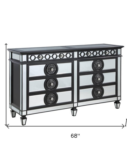 68" Black and Silver Solid and Manufactured Wood Mirrored Eight Drawer Double Dresser
