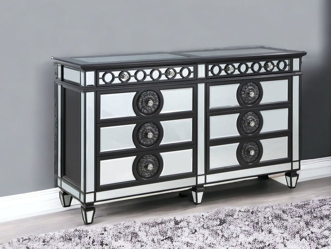 68" Black and Silver Solid and Manufactured Wood Mirrored Eight Drawer Double Dresser
