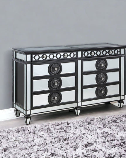 68" Black and Silver Solid and Manufactured Wood Mirrored Eight Drawer Double Dresser