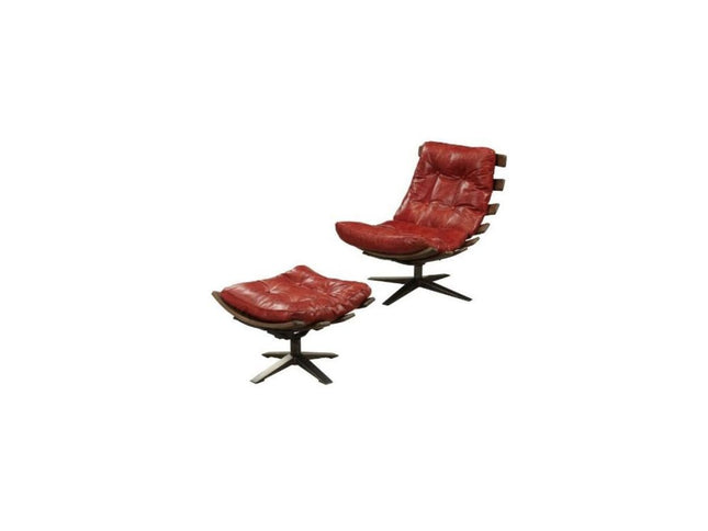 27" Red and Brown Top Grain Leather Tufted Swivel Lounge Chair With Ottoman