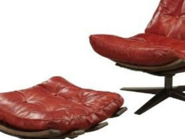 27" Red and Brown Top Grain Leather Tufted Swivel Lounge Chair With Ottoman