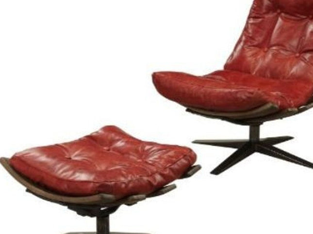 27" Red and Brown Top Grain Leather Tufted Swivel Lounge Chair With Ottoman