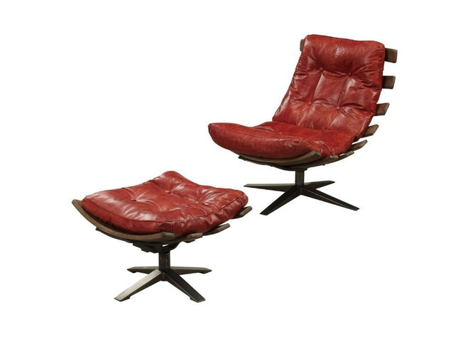 27" Red and Brown Top Grain Leather Tufted Swivel Lounge Chair With Ottoman