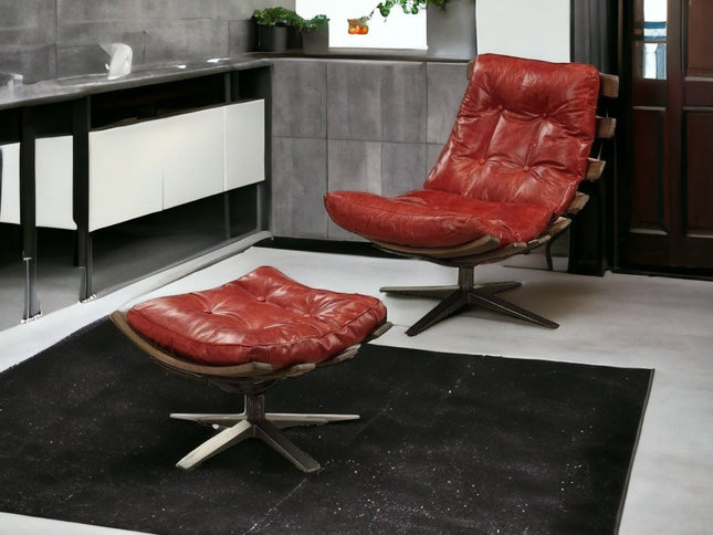 27" Red and Brown Top Grain Leather Tufted Swivel Lounge Chair With Ottoman