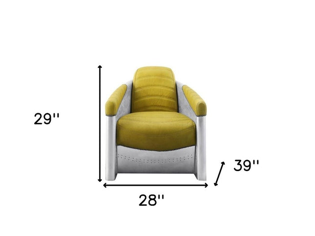 28" Yellow and Steel Blue Top Grain Leather Barrel Chair