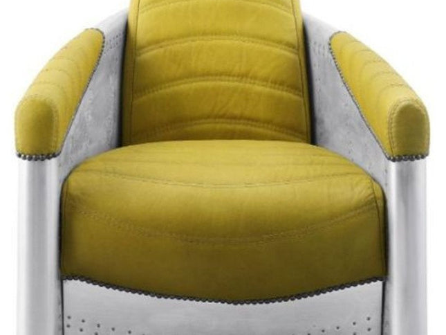 28" Yellow and Steel Blue Top Grain Leather Barrel Chair