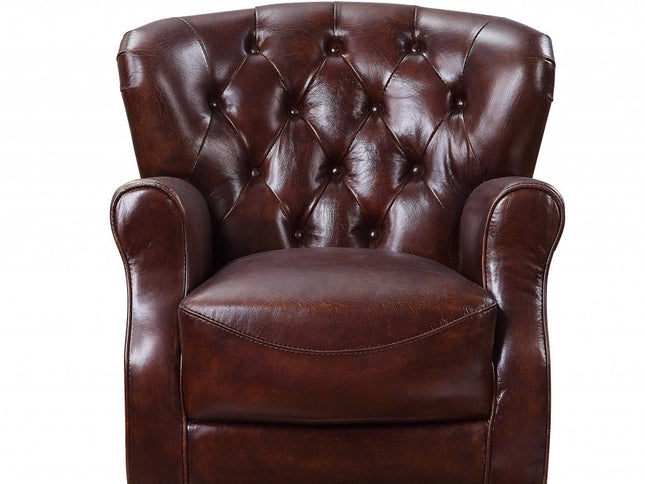 30" Brown and Steel Blue Top Grain Leather Tufted Club Chair