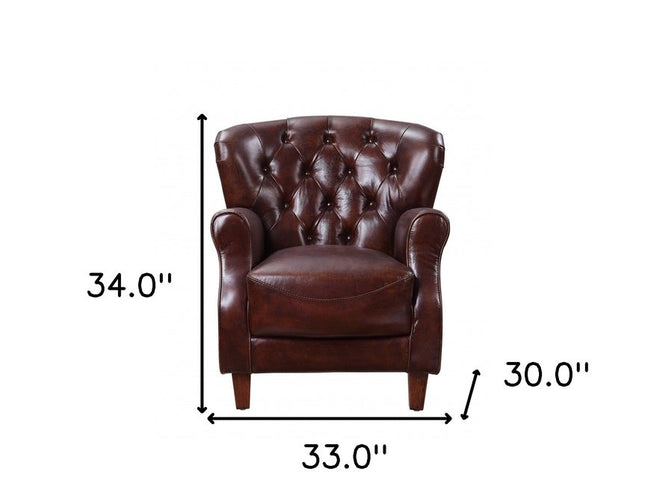 30" Brown and Steel Blue Top Grain Leather Tufted Club Chair