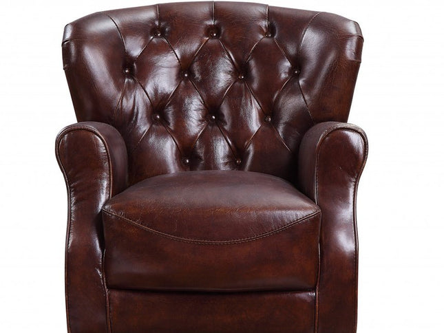 30" Brown and Steel Blue Top Grain Leather Tufted Club Chair
