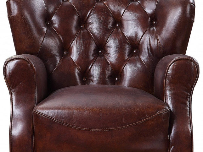 30" Brown and Steel Blue Top Grain Leather Tufted Club Chair