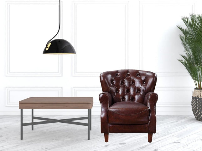 30" Brown and Steel Blue Top Grain Leather Tufted Club Chair