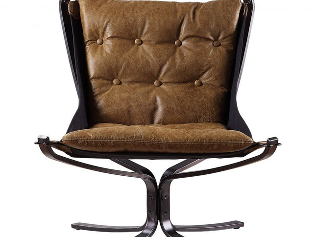 30" Coffee and Steel Blue Top Grain Leather Tufted Lounge Chair