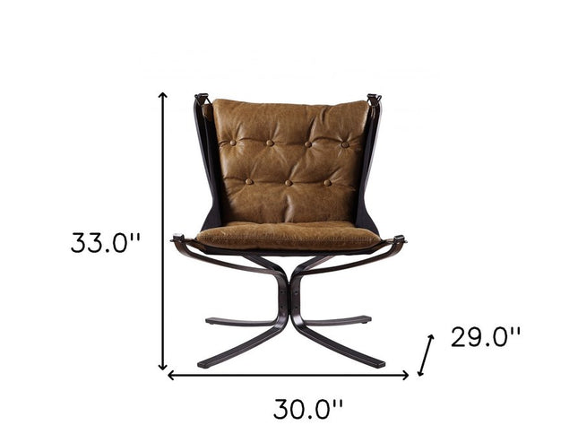 30" Coffee and Steel Blue Top Grain Leather Tufted Lounge Chair