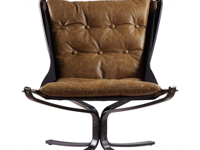 30" Coffee and Steel Blue Top Grain Leather Tufted Lounge Chair