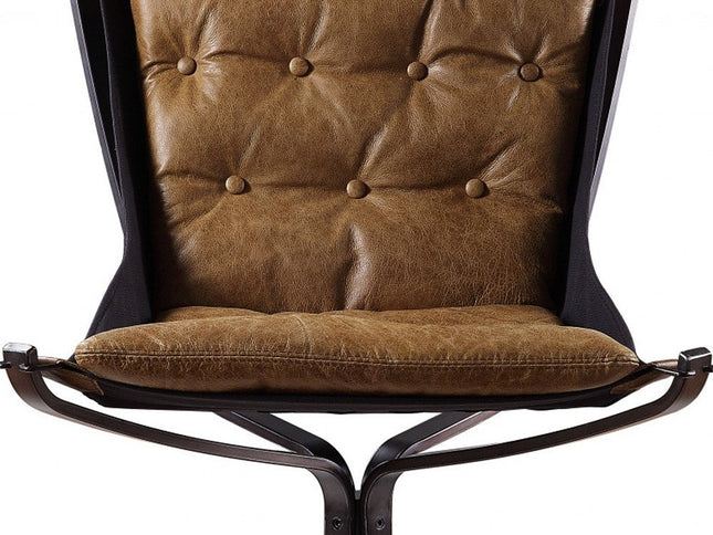 30" Coffee and Steel Blue Top Grain Leather Tufted Lounge Chair