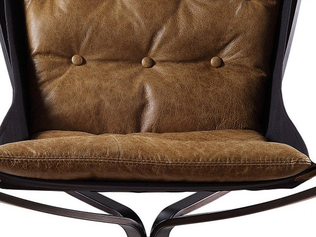 30" Coffee and Steel Blue Top Grain Leather Tufted Lounge Chair