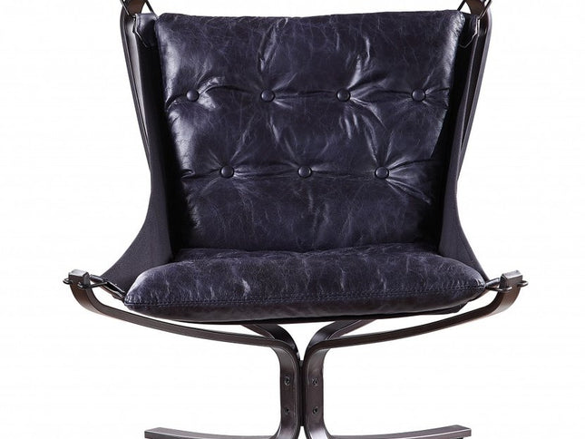 30" Blue and Steel Blue Top Grain Leather Tufted Lounge Chair