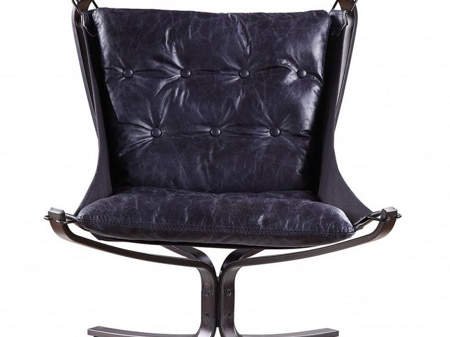 30" Blue and Steel Blue Top Grain Leather Tufted Lounge Chair