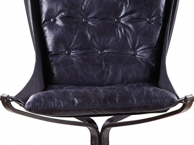 30" Blue and Steel Blue Top Grain Leather Tufted Lounge Chair