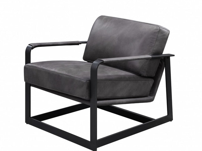 28" Gray and Steel Blue Top Grain Leather Arm Chair