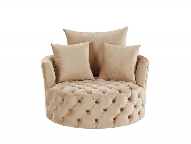 43" Beige Velvet Tufted Swivel Barrel Chair And Toss Pillows