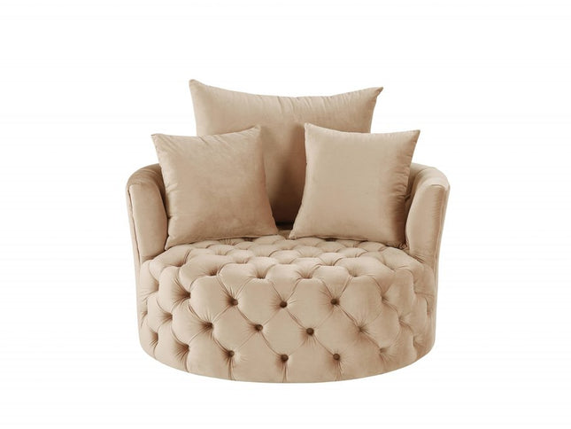 43" Beige Velvet Tufted Swivel Barrel Chair And Toss Pillows