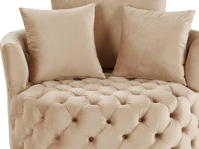 43" Beige Velvet Tufted Swivel Barrel Chair And Toss Pillows