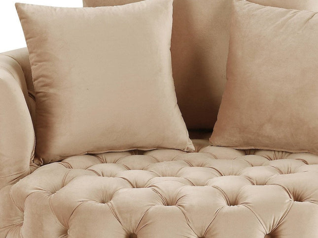 43" Beige Velvet Tufted Swivel Barrel Chair And Toss Pillows