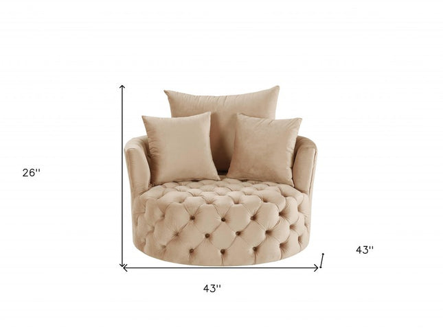 43" Beige Velvet Tufted Swivel Barrel Chair And Toss Pillows