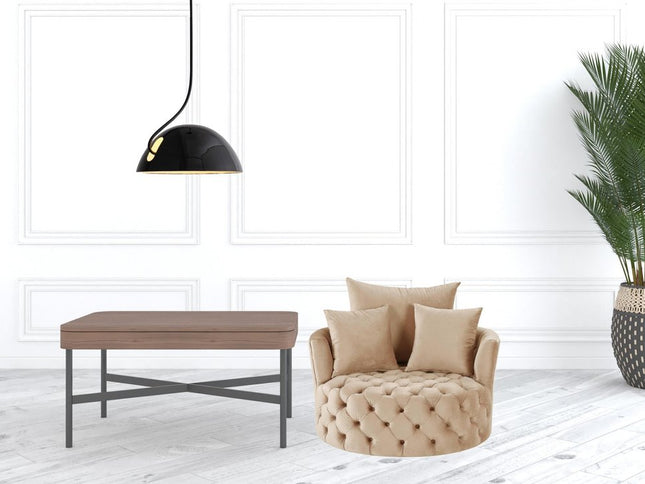 43" Beige Velvet Tufted Swivel Barrel Chair And Toss Pillows