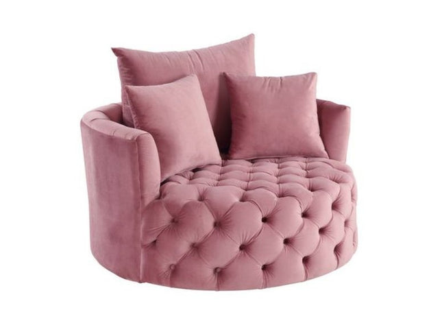 43" Pink Velvet Tufted Swivel Barrel Chair And Toss Pillows
