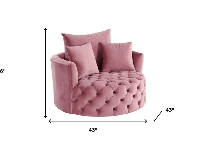 43" Pink Velvet Tufted Swivel Barrel Chair And Toss Pillows
