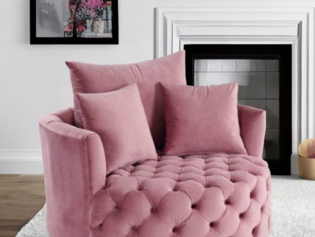 43" Pink Velvet Tufted Swivel Barrel Chair And Toss Pillows